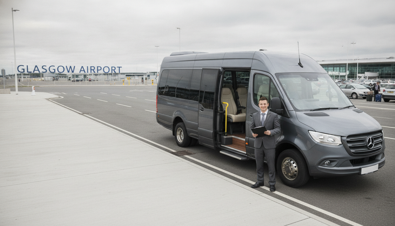 Seamless Hotel Transfers in Glasgow: Your Guide to Group Travel. — executive minibus meeting a group at Glasgow Airport