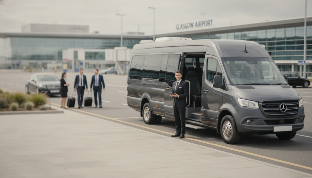 Why a Premium Minibus is Ideal for Your Glasgow Corporate Airport Transfer. — executive minibus meeting a group at Glasgow Airport
