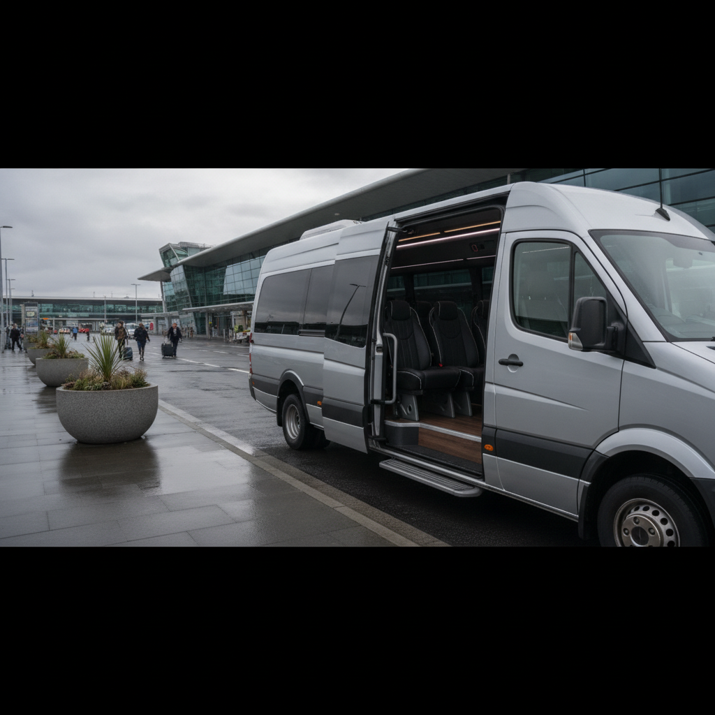 Home — executive minibus meeting a group at Glasgow Airport