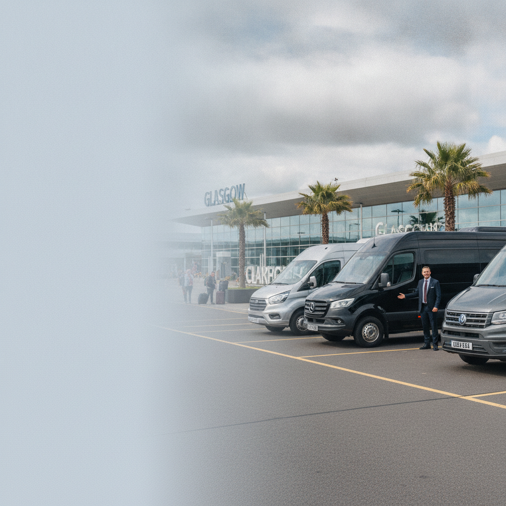 Our minibus Fleet for Glasgow Transfers — executive minibus meeting a group at Glasgow Airport