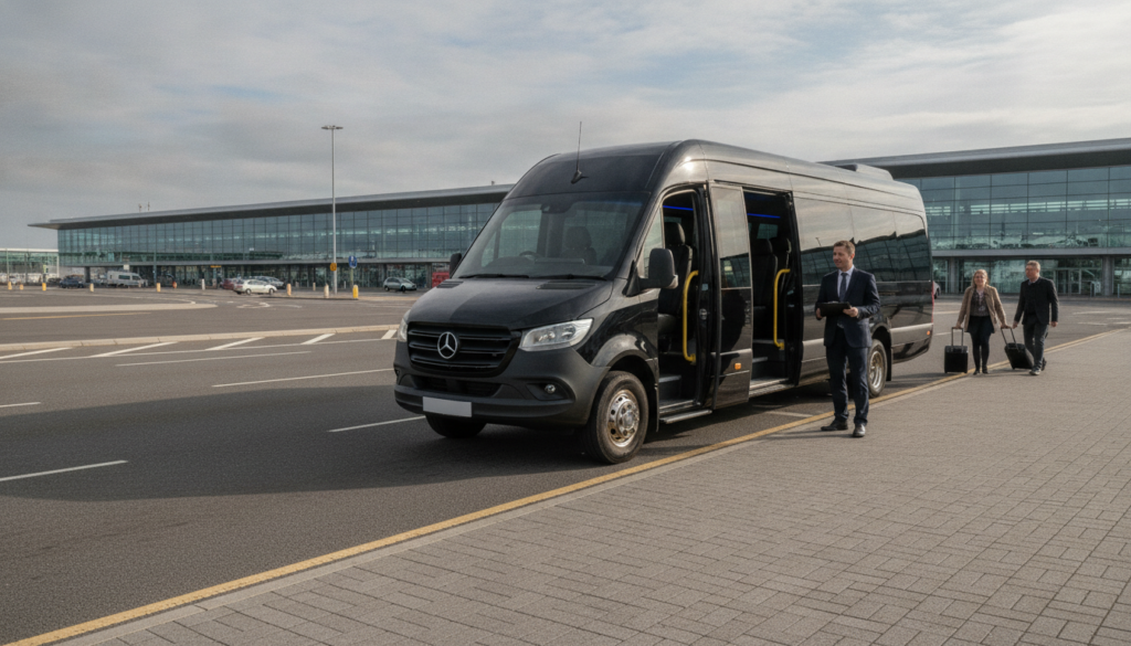 Beyond Taxis: The Benefits of Private Minibus Hire for Glasgow Groups. — executive minibus meeting a group at Glasgow Airport