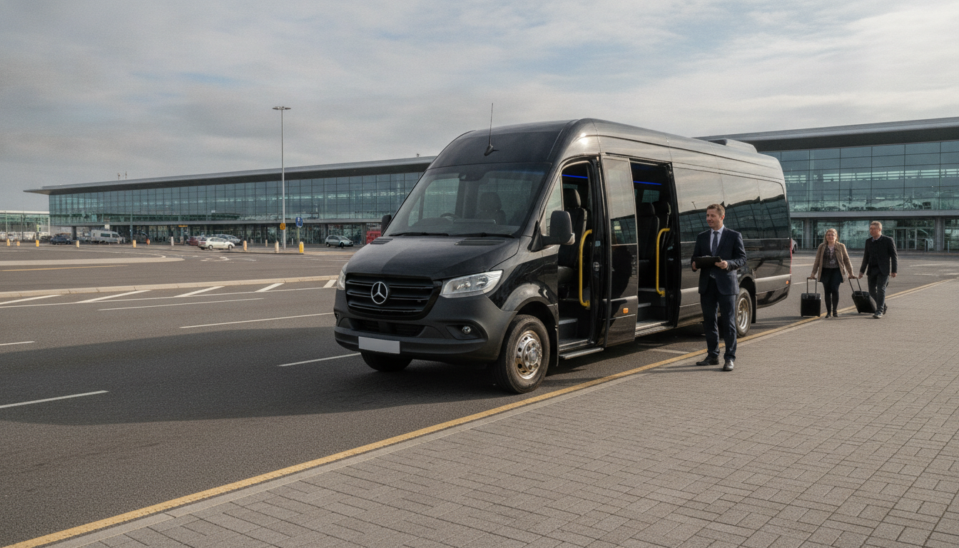 Beyond Taxis: The Benefits of Private Minibus Hire for Glasgow Groups. — executive minibus meeting a group at Glasgow Airport