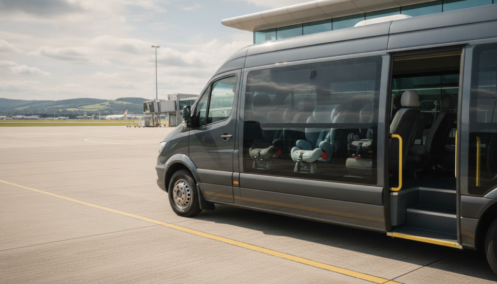 Child Seats and Safety: Our Commitment to Family Airport Transfers in Glasgow. — executive minibus meeting a group at Glasgow Airport