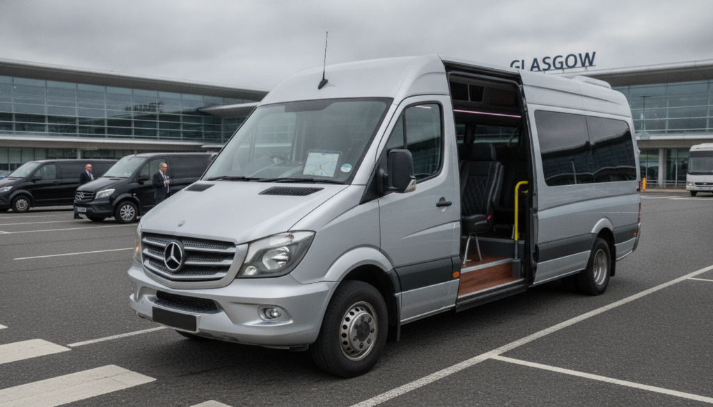 Making Your Glasgow Airport Pick-Up Effortless: What to Expect. — executive minibus meeting a group at Glasgow Airport
