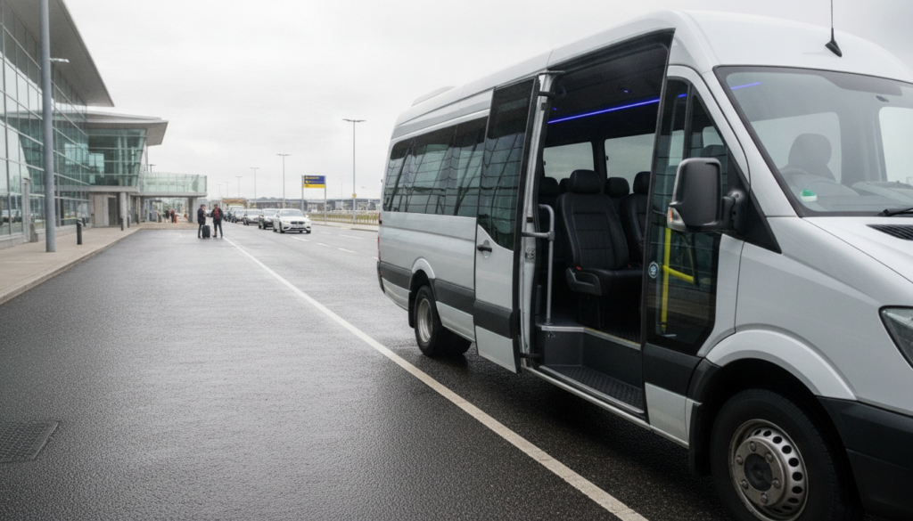Choosing the Right Minibus Size for Your Glasgow Group Travel. — executive minibus meeting a group at Glasgow Airport