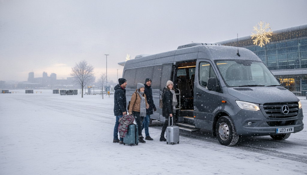 Winter Wonders: Group Transfers to Glasgow's Festive Events. — executive minibus meeting a group at Glasgow Airport